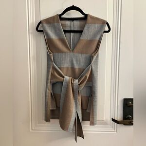 Tibi Stripe Tie Waist V-Neck Sleeveless Top